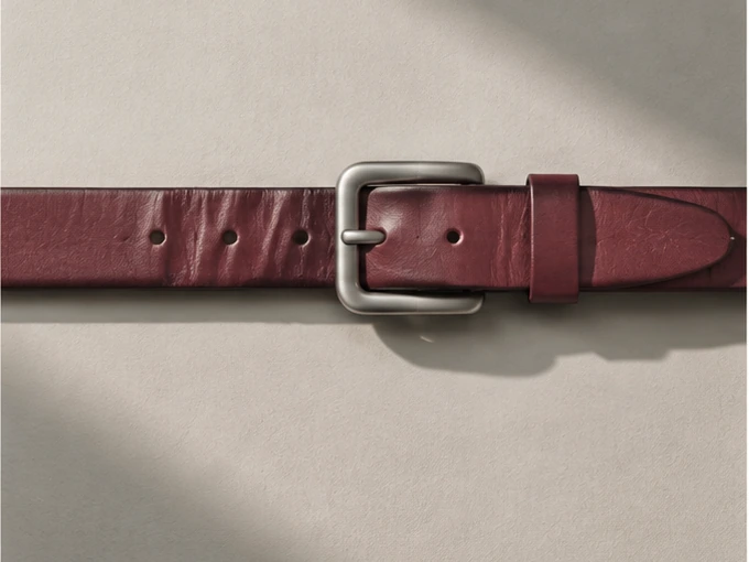 A burgundy leather belt with a silver buckle on a cream background
