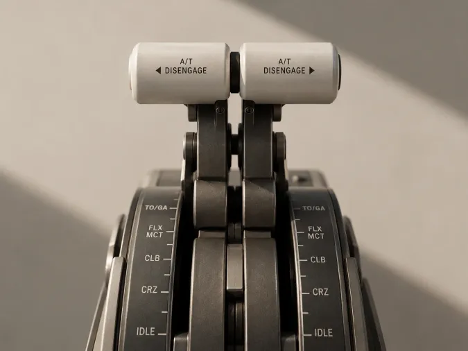Thrust levers in an aircraft cockpit, graduated from IDLE to TO/GA