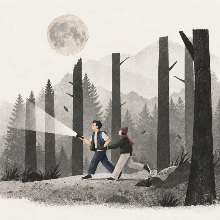 Deux personnes avancent dans une forêt avec une lampe torche, illustration de la stratégie marketing