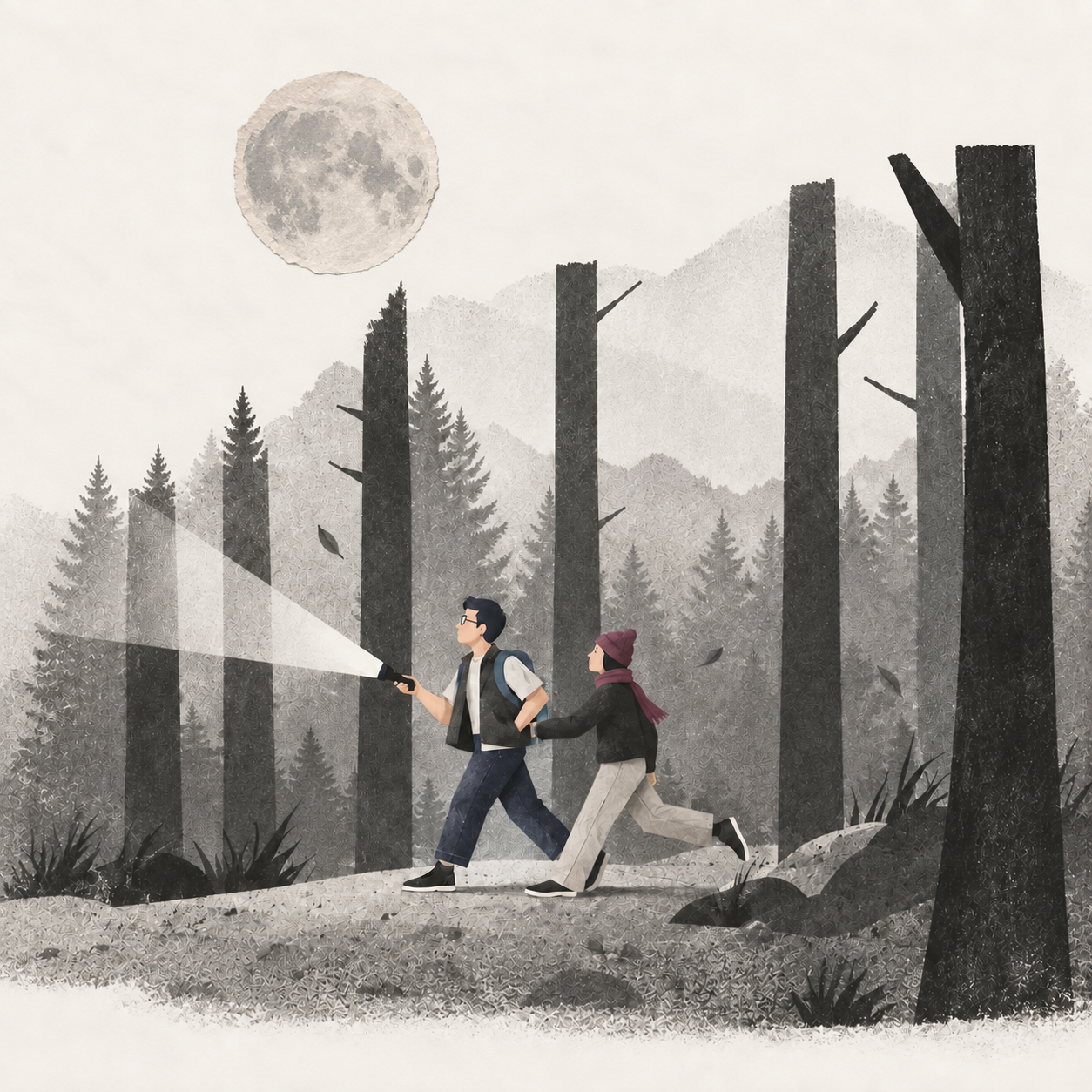 Deux personnes avancent dans une forêt avec une lampe torche, illustration de la stratégie marketing