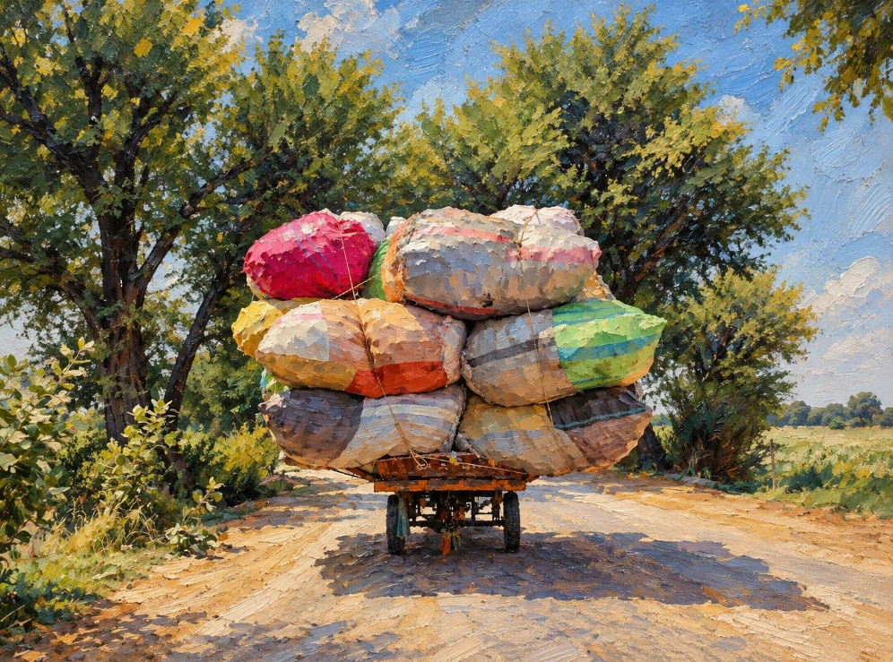Peinture à l’huile d’une charrette chargée de gros ballots colorés, avançant sur un chemin ensoleillé bordé d’arbres