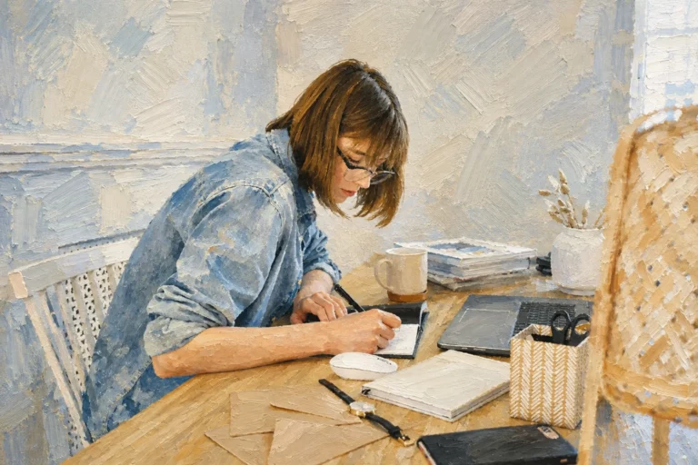 Une responsable marketing écrit dans un carnet à son bureau en bois, ordinateur portable ouvert à côté d'elle.